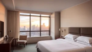 Modern hotel room with clean contemporary design, neutral tones, comfortable bed with white linens, floor-to-ceiling windows showing Brooklyn skyline at sunset, no visible text or room numbers
