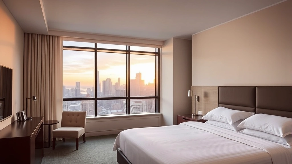 Modern hotel room with clean contemporary design, neutral tones, comfortable bed with white linens, floor-to-ceiling windows showing Brooklyn skyline at sunset, no visible text or room numbers