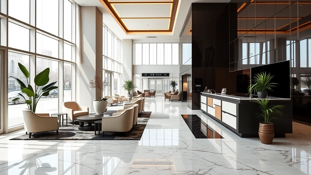 Upscale hotel lobby with marble flooring, modern furniture, large windows with natural light, professional concierge desk area, potted plants, neutral color palette, no signage with text visible