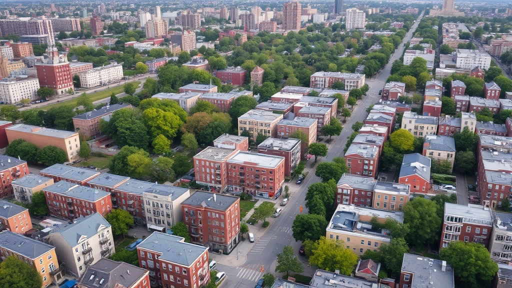 Aerial view of Brooklyn neighborhood with mixed residential buildings, tree-lined streets, urban parks, diverse architecture, daytime lighting, no visible addresses or street signs