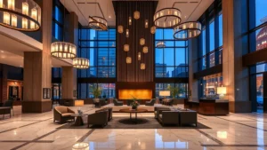 Modern upscale hotel lobby with contemporary lighting fixtures, marble flooring, and comfortable seating areas in downtown Nashville setting during evening with warm ambient lighting