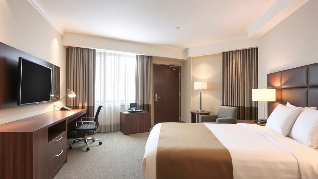 Mid-range hotel room interior featuring comfortable bed with quality bedding, desk workspace, flat-screen television, and neutral color palette with modern furnishings typical of business hotels
