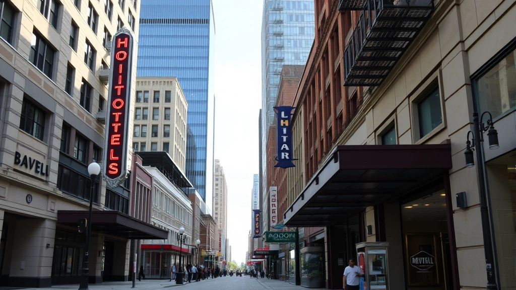 Downtown Nashville street scene showing pedestrian walkway with hotel building facades, streetlights, and urban architecture during daytime with clear visibility of commercial district