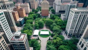 Aerial view of Bryant Park surrounded by Midtown Manhattan buildings, lush green landscaping, white tent structures, and Fifth Avenue architecture in daylight