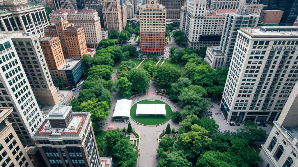 Aerial view of Bryant Park surrounded by Midtown Manhattan buildings, lush green landscaping, white tent structures, and Fifth Avenue architecture in daylight