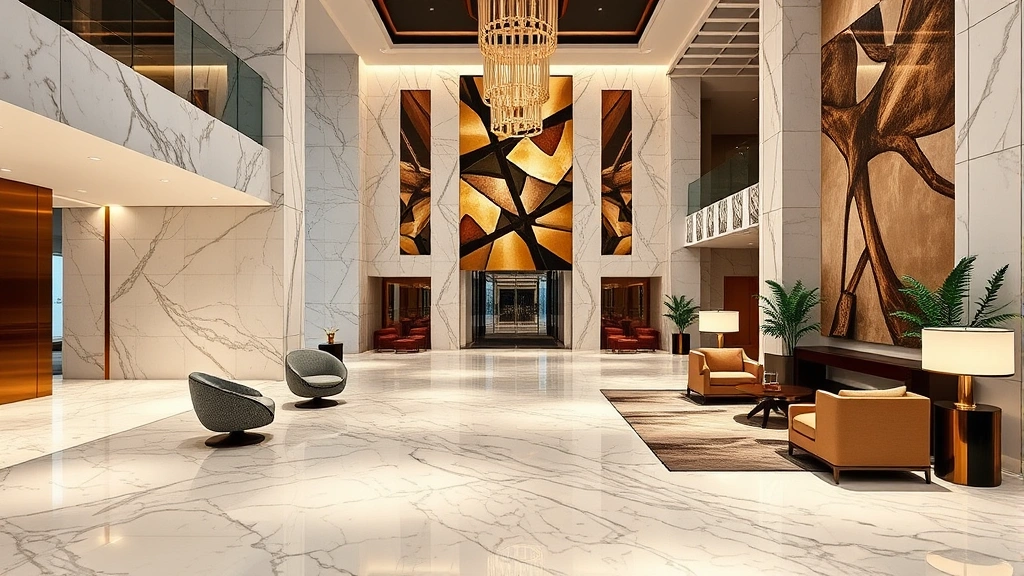 Modern luxury hotel lobby with marble floors, elegant furnishings, high ceilings, and contemporary art, representing upscale Manhattan hospitality