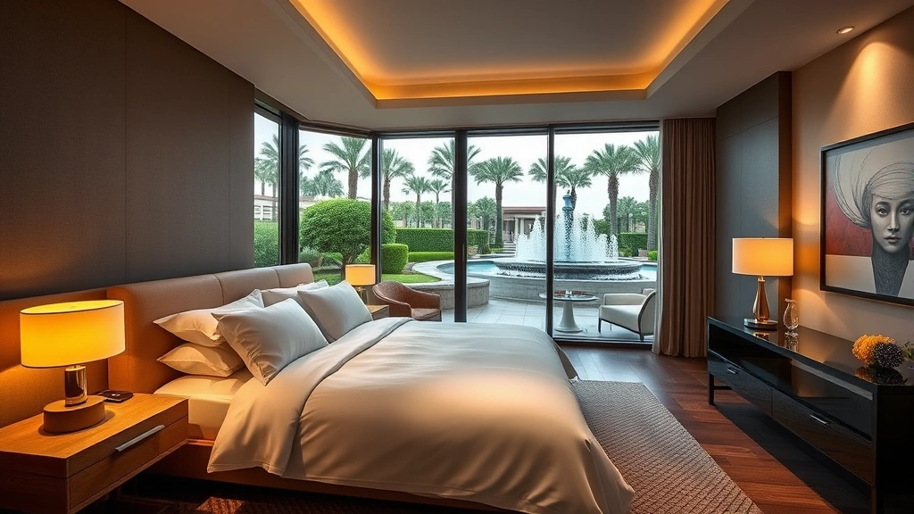 Luxurious modern hotel bedroom featuring premium white linens on king bed, contemporary nightstands with mood lighting, floor-to-ceiling windows overlooking manicured landscape with palm trees and decorative fountains, contemporary artwork on walls