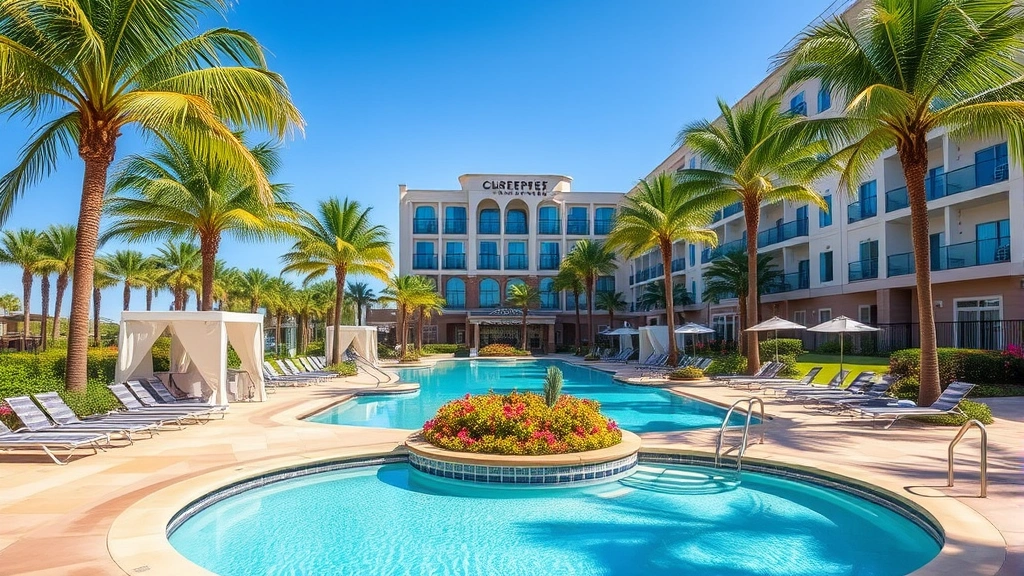 Inviting hotel pool area surrounded by lounge chairs and palm trees, crystal-clear water reflecting blue sky, tropical landscaping with vibrant plants, modern cabanas and shade structures, visible hotel building facade in background