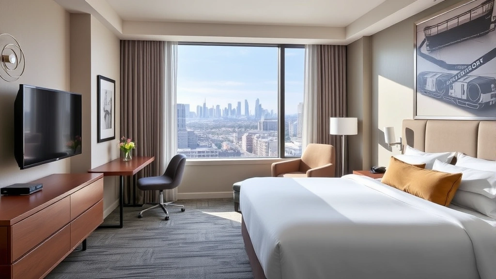 Modern hotel room with comfortable bed, contemporary furnishings, and floor-to-ceiling window overlooking Queens neighborhood with distant city skyline visible