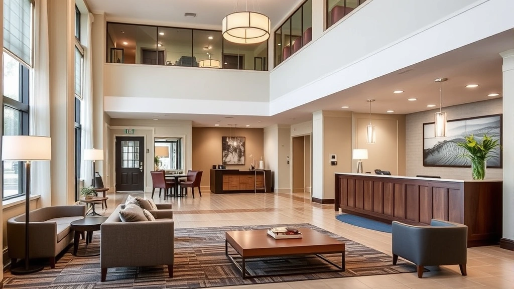 Hotel lobby with comfortable seating area, welcoming reception desk, contemporary lighting fixtures, and clean professional interior design space