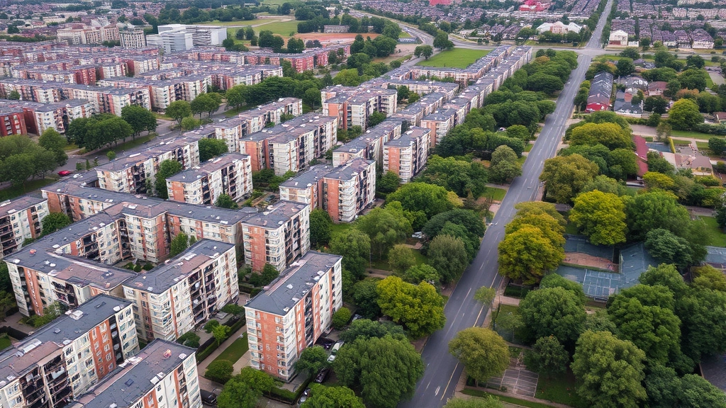 Aerial view of residential neighborhood with tree-lined streets, multi-story apartment buildings, and green spaces typical of Queens Flushing area