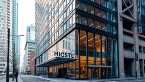 Modern Seattle downtown hotel exterior with glass and steel architecture, street-level view showing urban surroundings and pedestrian sidewalks, daytime lighting, professional architectural photography