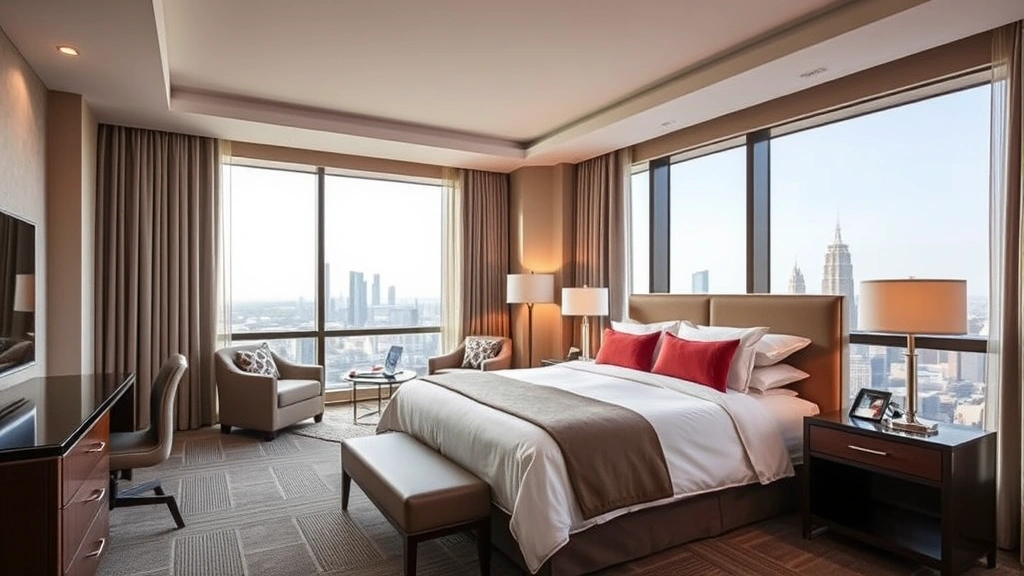 Spacious hotel room interior with contemporary furnishings, comfortable king bed with quality linens, floor-to-ceiling windows showing city skyline views, warm ambient lighting