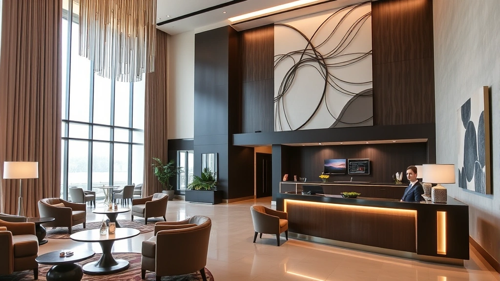 Hotel lobby with elegant modern design, comfortable seating areas, professional reception desk, contemporary art installations, natural light from large windows, welcoming atmosphere