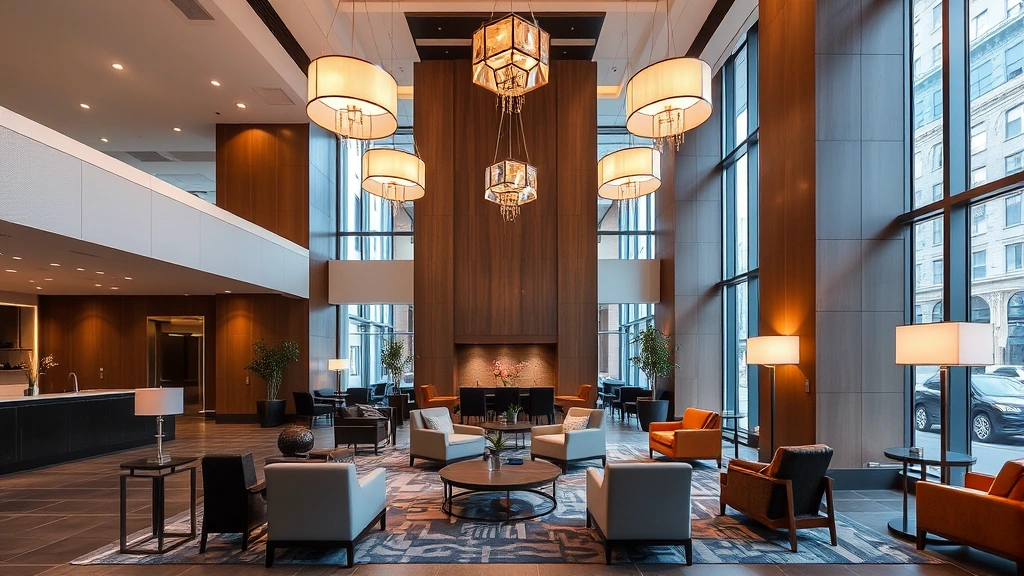 Modern luxury hotel lobby with contemporary furniture, high ceilings, and elegant lighting fixtures in downtown Boston setting, upscale interior design, no visible text or signage