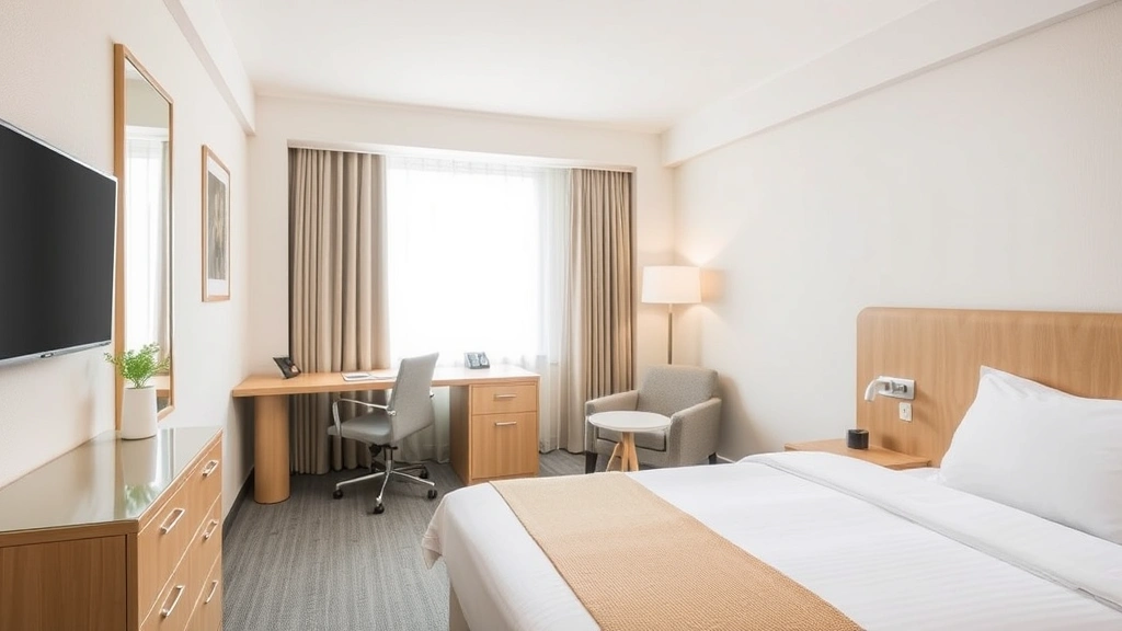 Mid-range hotel guest room with comfortable bed, desk workspace, modern amenities, neutral color palette, bright natural light from window, clean and inviting residential atmosphere