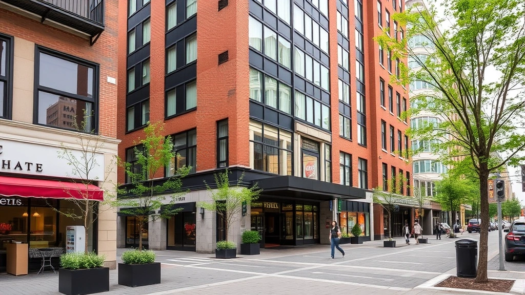 Hotel building exterior in urban neighborhood with pedestrian walkway, brick and glass architecture, street-level retail, trees and landscaping, daytime shot, no visible address numbers or hotel name signage