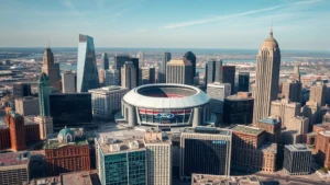 Aerial view of modern downtown Detroit skyline with Ford Field stadium visible among tall buildings and urban development, daytime photography