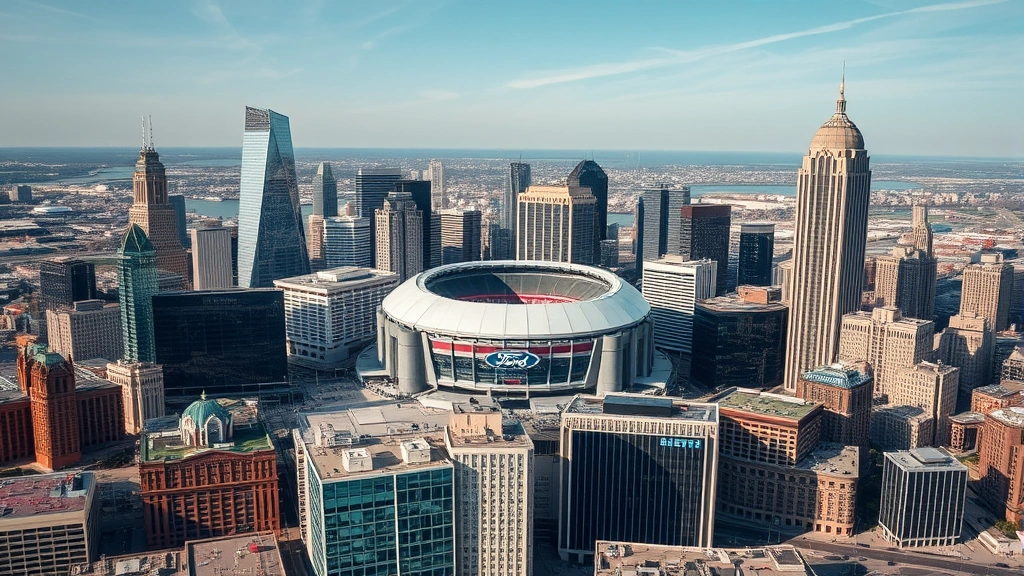 Aerial view of modern downtown Detroit skyline with Ford Field stadium visible among tall buildings and urban development, daytime photography
