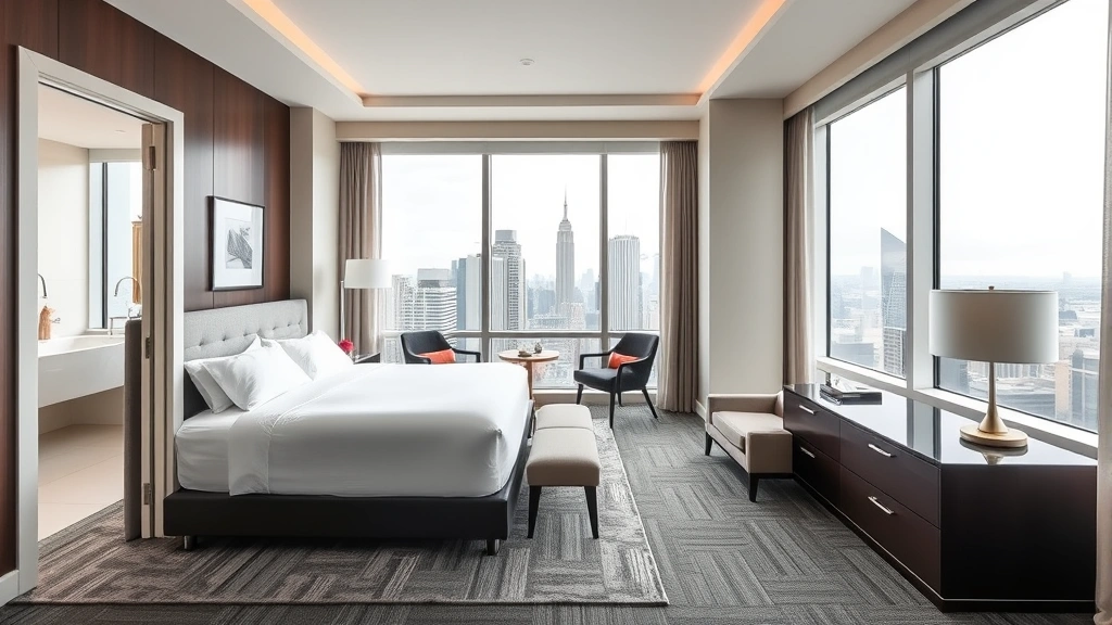 Elegant hotel room interior with king bed, contemporary furnishings, large windows overlooking city skyline, modern bathroom visible through open doorway