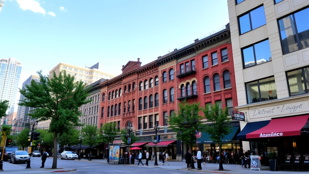 Downtown Detroit street scene with historic and modern buildings, pedestrians walking, trees and sidewalk cafes, urban neighborhood atmosphere