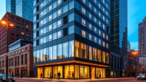 Exterior view of modern downtown Detroit hotel building with contemporary architecture and glass facade, street-level view with pedestrians walking on sidewalk, daytime lighting, urban residential setting