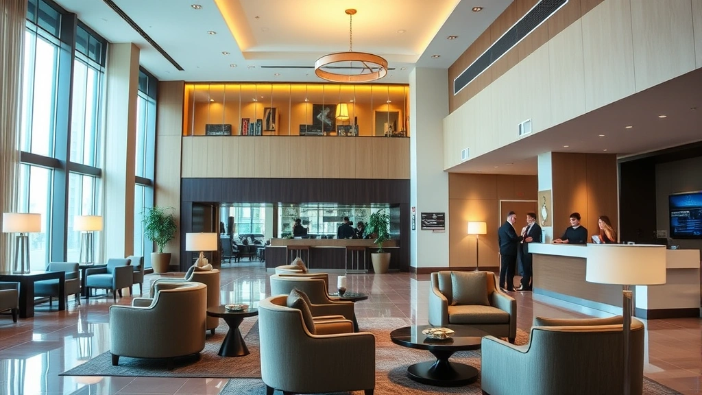 Interior hotel lobby with comfortable seating areas, modern furnishings, warm lighting, and welcoming ambiance, guests checking in at front desk, professional hospitality environment