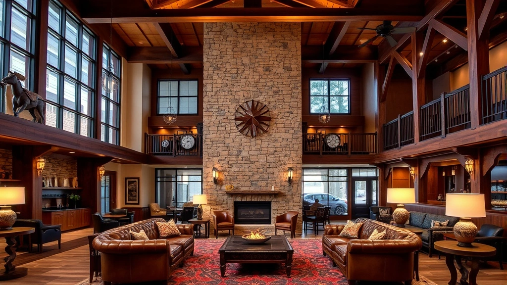Modern hotel lobby with Western décor, leather furniture, wooden beams, and warm lighting in Fort Worth Texas style setting