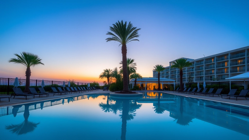Outdoor swimming pool area at dusk with lounge chairs, palm trees, and hotel building facade reflected in water