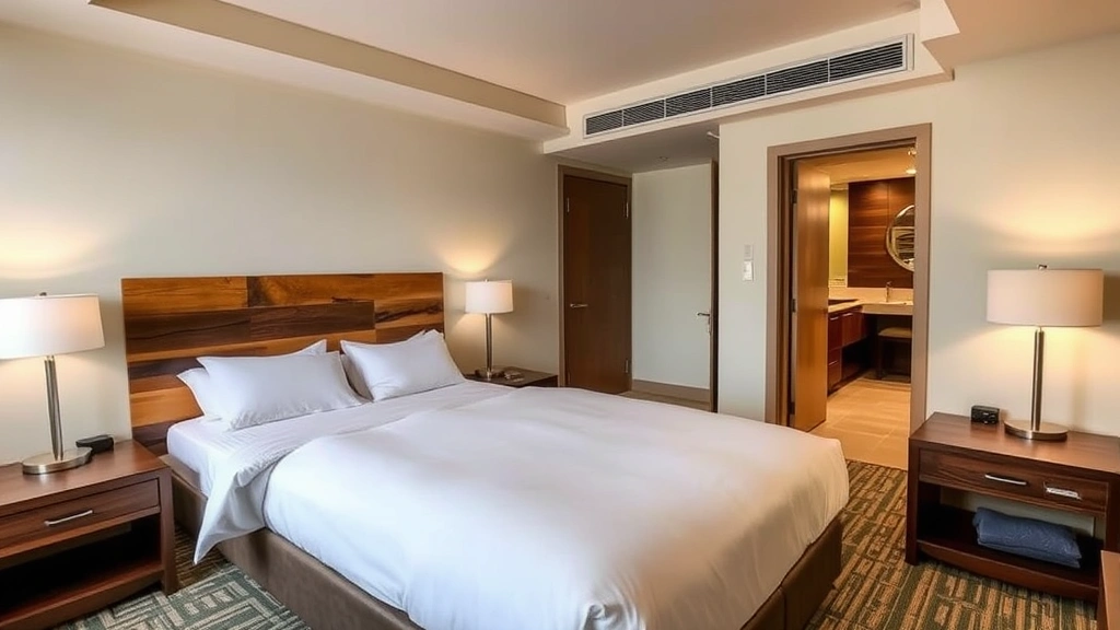 Spacious hotel room with king bed, rustic wooden headboard, contemporary bathroom visible through doorway, warm ambient lighting