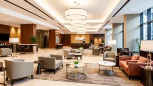Modern hotel lobby with contemporary furnishings, bright lighting, and comfortable seating areas, featuring neutral tones and professional hospitality atmosphere, no text visible