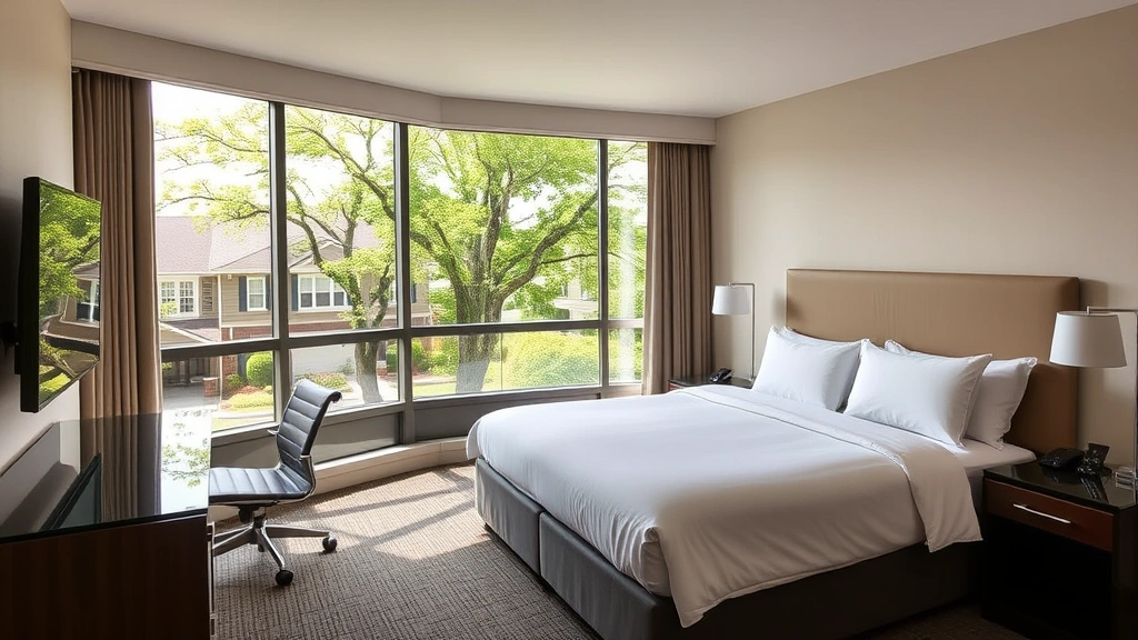 Spacious hotel guest room with queen bed, work desk, and floor-to-ceiling windows overlooking residential neighborhood trees, neutral bedding and modern fixtures, no signage