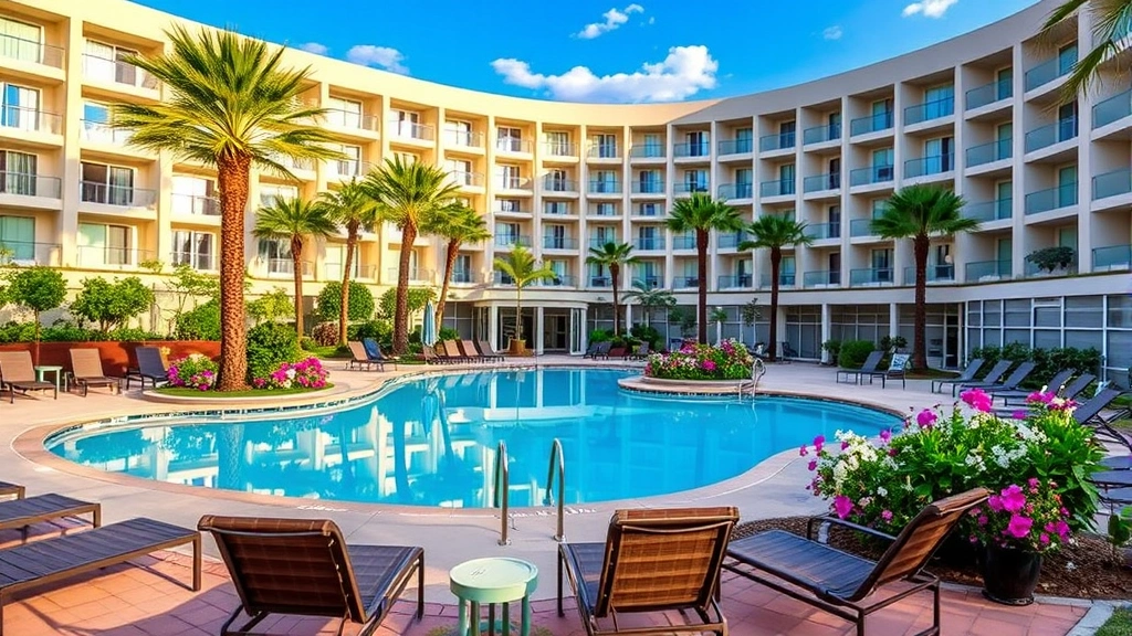 Hotel outdoor pool area surrounded by lounge chairs and landscaping, clear blue water reflecting sky, palm trees and flowering shrubs, daytime lighting, no identifying marks