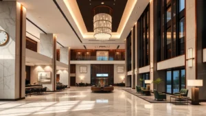 Modern luxury hotel lobby with contemporary design, marble floors, elegant lighting fixtures, comfortable seating areas, no visible signage or text, professional hospitality setting