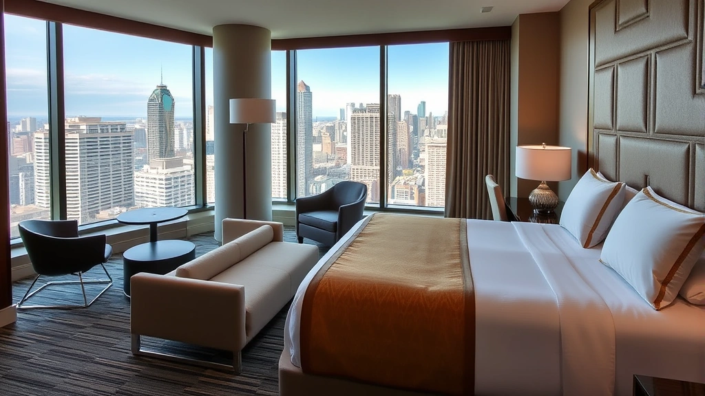 Upscale hotel guest room with king bed, contemporary furnishings, large windows overlooking city skyline, modern bathroom visible, elegant decor, no room numbers or identifying text visible