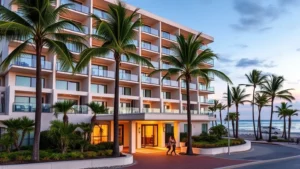 Modern beachfront hotel exterior with palm trees and ocean view, contemporary architecture, guests walking near entrance, daytime lighting, residential coastal setting