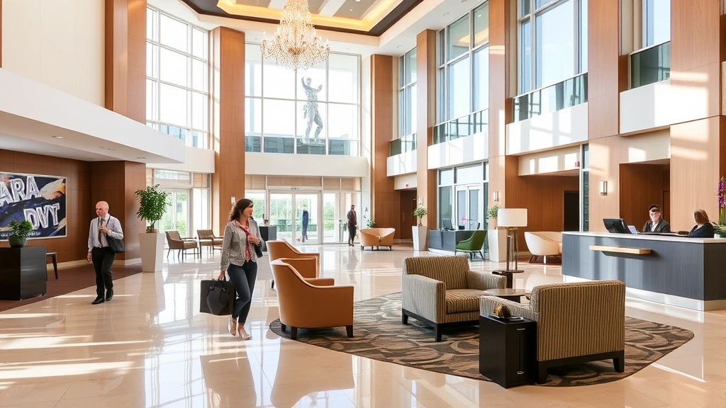 Hotel lobby interior with comfortable seating areas, check-in desk, bright natural lighting from large windows, welcoming atmosphere, business and leisure travelers