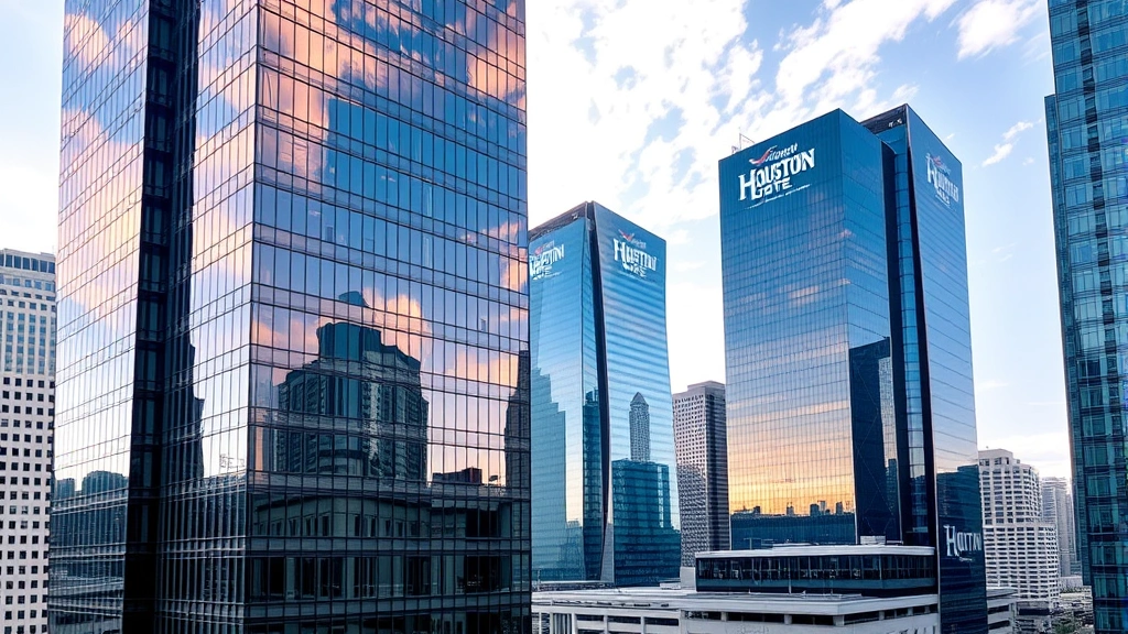 Modern downtown Houston hotel tower with glass facade reflecting city skyline, daytime shot, urban business district setting, contemporary architecture