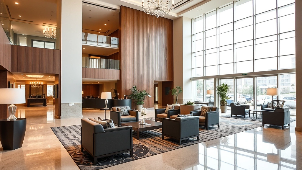 Spacious hotel lobby with elegant furnishings, comfortable seating areas, professional business ambiance, bright natural lighting from large windows
