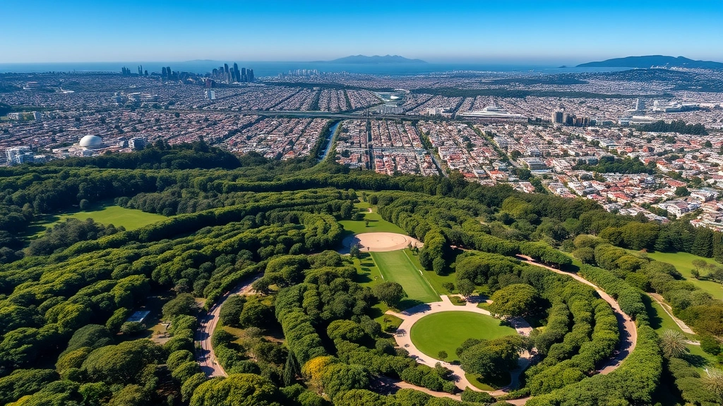 Aerial view of Golden Gate Park's lush green landscape with tree canopy, winding paths, and surrounding San Francisco neighborhoods in background, sunny day with clear sky, photorealistic residential area perspective