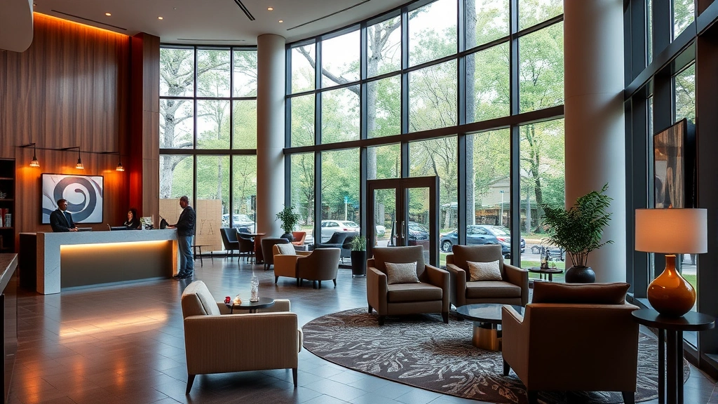 Modern hotel lobby interior with comfortable seating areas, natural light from large windows overlooking trees, contemporary decor, guests checking in at reception desk, warm welcoming atmosphere, residential-style comfort
