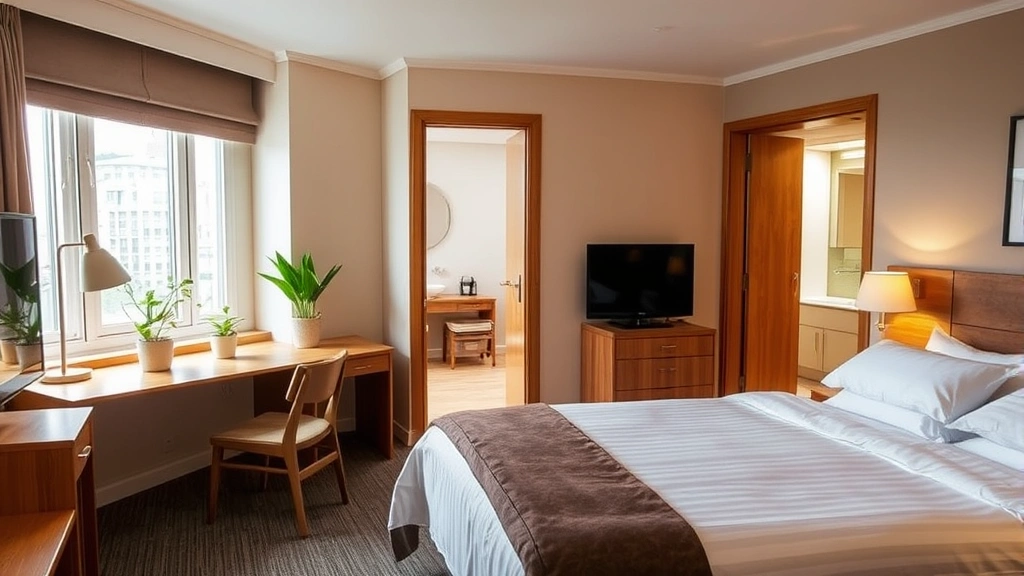 Cozy hotel room interior with comfortable bed, work desk by window, modern bathroom visible through open door, natural wood furnishings, plants on windowsill, warm lighting, residential comfort aesthetic