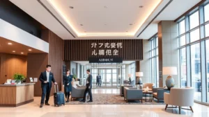 Modern hotel lobby with contemporary Japanese design elements, comfortable seating areas, and professional staff assisting guests with luggage near an airport hotel entrance