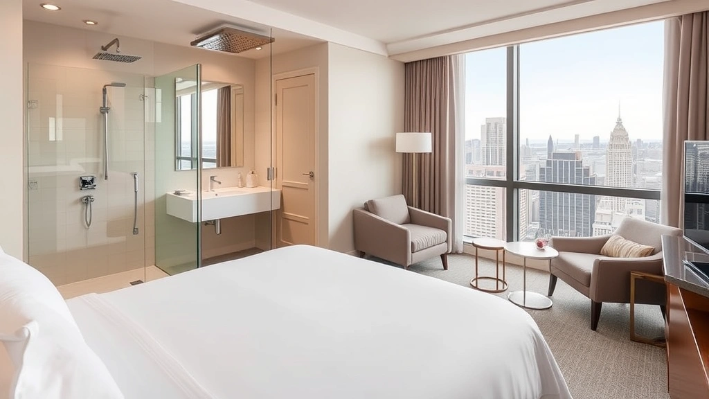 Spacious hotel guest room featuring a comfortable bed with premium linens, modern bathroom with rainfall showerhead, minimalist furniture, and city view from window