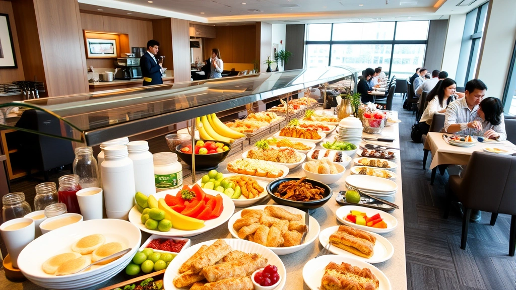 Hotel breakfast buffet spread displaying Japanese and international dishes, fresh fruits, pastries, beverages, and diners enjoying meals in a bright dining room