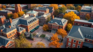 Aerial view of Harvard Square Cambridge with historic brick buildings, tree-lined streets, and pedestrians walking near campus gates during autumn with golden foliage, photorealistic residential urban landscape