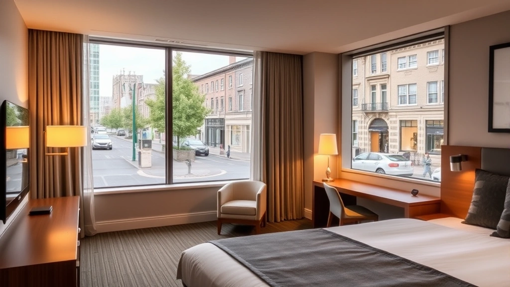 Modern hotel room interior with comfortable bed, desk workspace, large windows overlooking Cambridge street with trees and buildings visible, contemporary neutral décor with warm lighting, photorealistic hospitality space