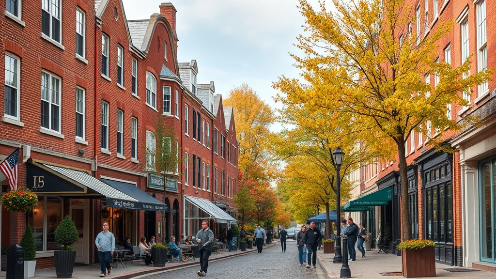 Charming Cambridge street scene with brick row houses, outdoor café seating, pedestrians shopping, historic architecture, fall season with colorful trees, inviting neighborhood walkability, photorealistic urban residential setting
