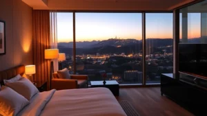 Modern hotel room with contemporary furnishings overlooking Hollywood hills at dusk, warm ambient lighting, comfortable bed with high-quality linens, minimalist decor, floor-to-ceiling windows showing city lights below
