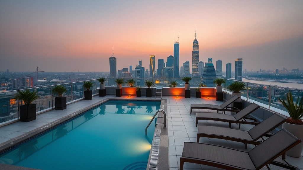 Rooftop hotel pool area with lounge chairs, potted plants, city skyline visible in background, clear blue water, evening ambiance with soft lighting, resort-style relaxation space